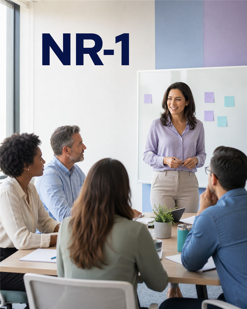 Grupo discutindo riscos psicossociais no trabalho em uma apresentação sobre a NR-1